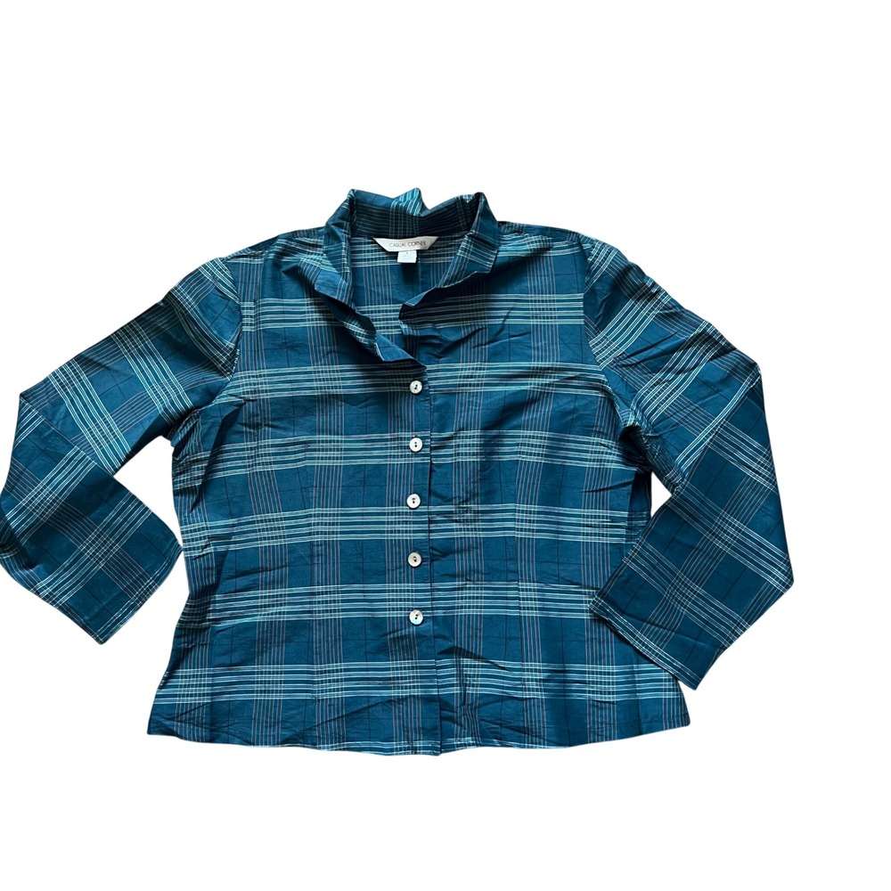 Casual Corner Womens Shirt 16 Teal Plaid 100% Silk Button Up Fall Office Classic